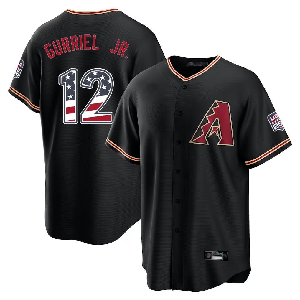 Yuxns A.Diamondbacks #12 Lourdes Gurriel Jr Player Black USA 250 Fourth of July Game Home Stitched Jerseys