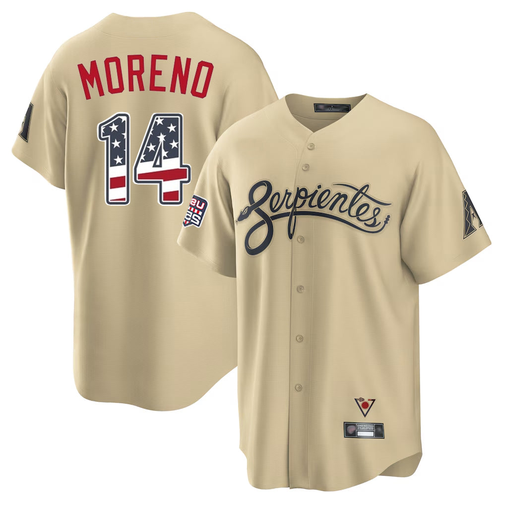 Yuxns A.Diamondbacks #14 Gabriel Moreno Player Tan USA 250 Fourth of July Home Game Stitched Jerseys