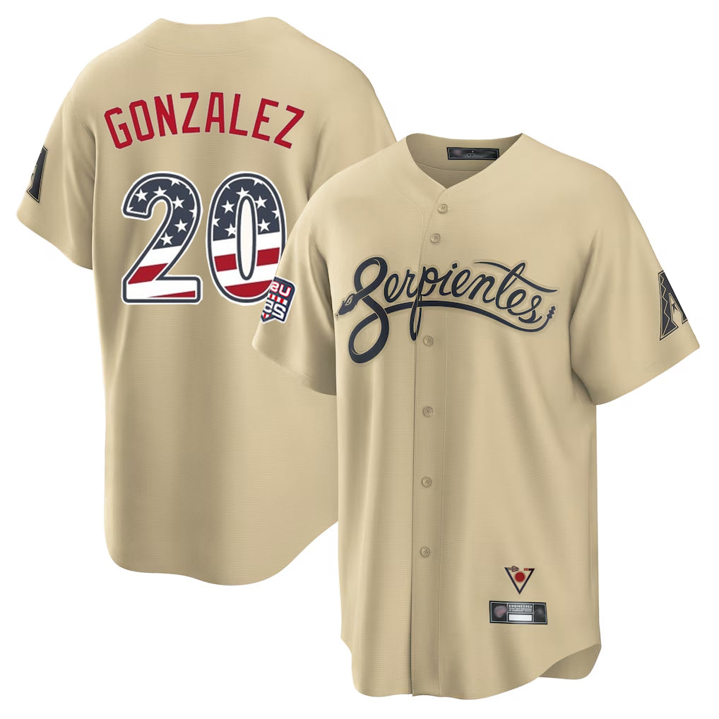 Yuxns A.Diamondbacks #20 Luis Gonzalez Player Tan USA 250 Fourth of July Home Game Stitched Jerseys