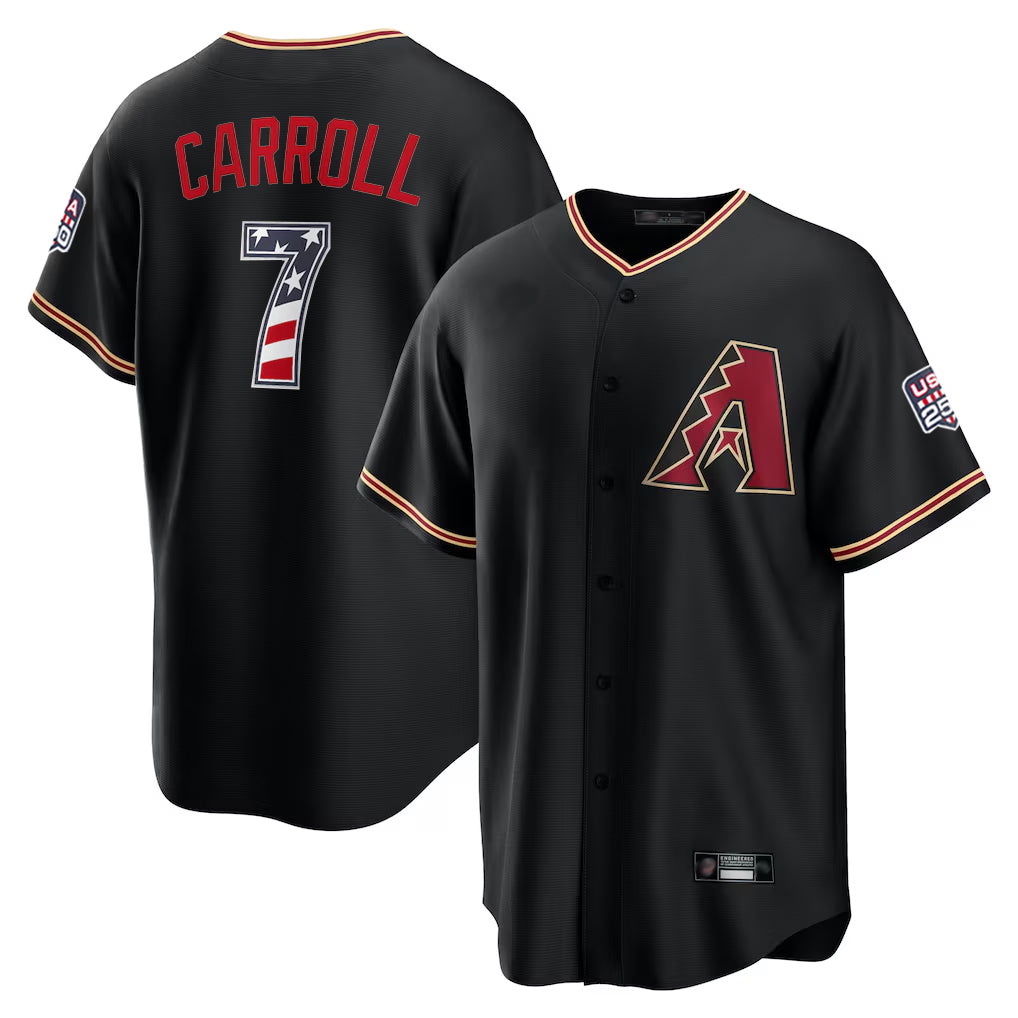 Yuxns A.Diamondbacks #7 Corbin Carroll Player Black USA 250 Fourth of July Game Home Stitched Jerseys