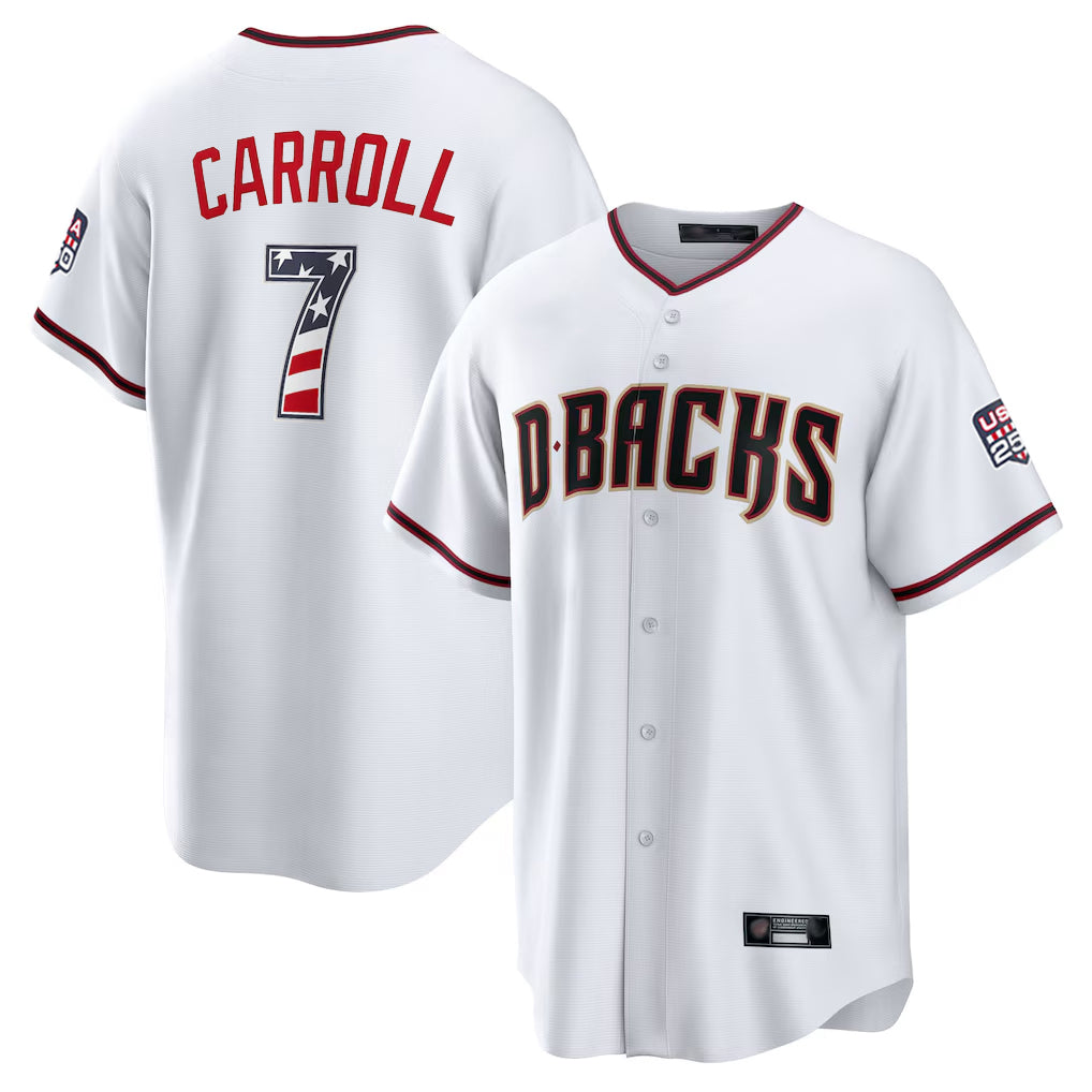 Yuxns A.Diamondbacks #7 Corbin Carroll Player White USA 250 Fourth of July Home Game Stitched Jerseys