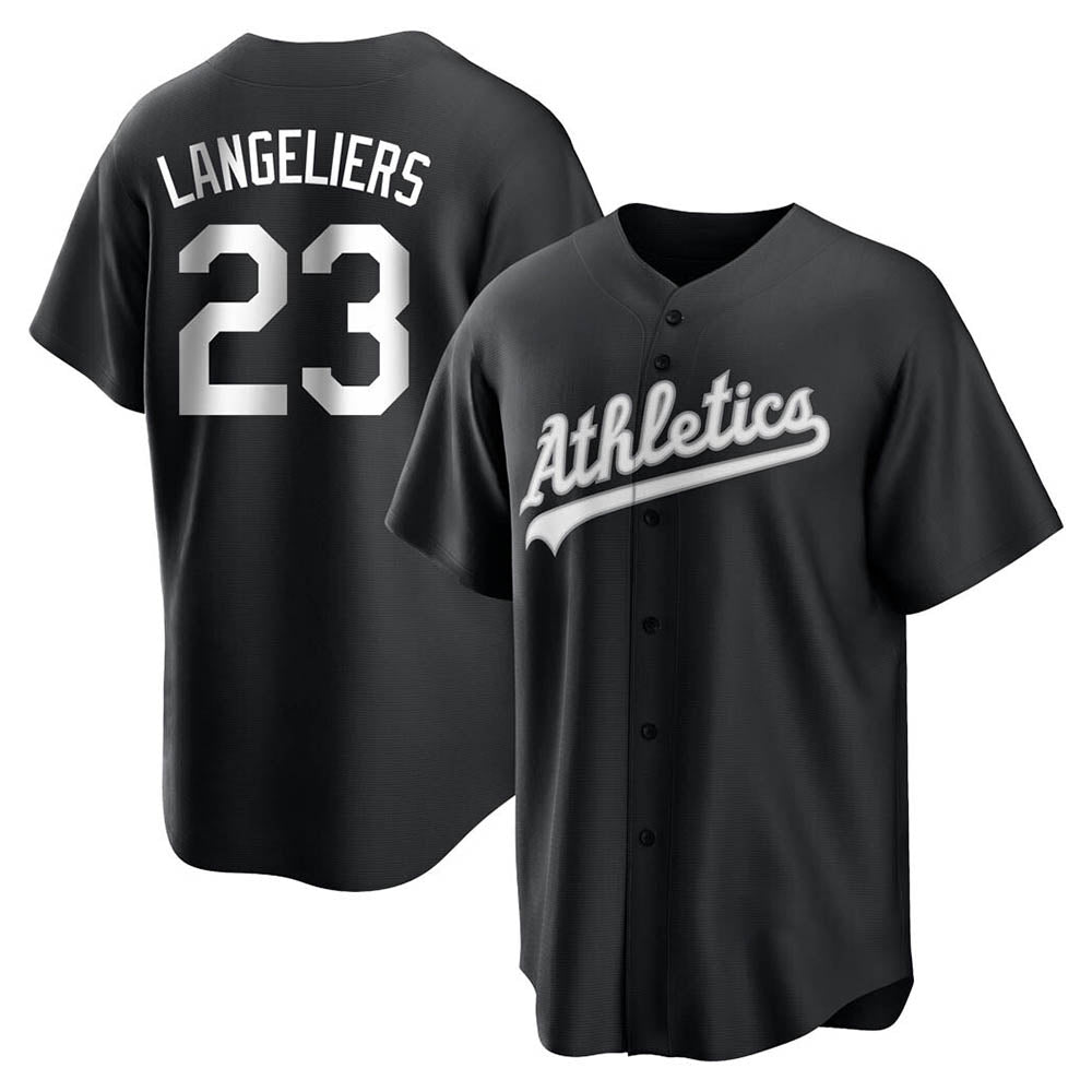 Yuxns Athletics #23 Shea Langeliers Player Black&White Replica Stitched Jerseys