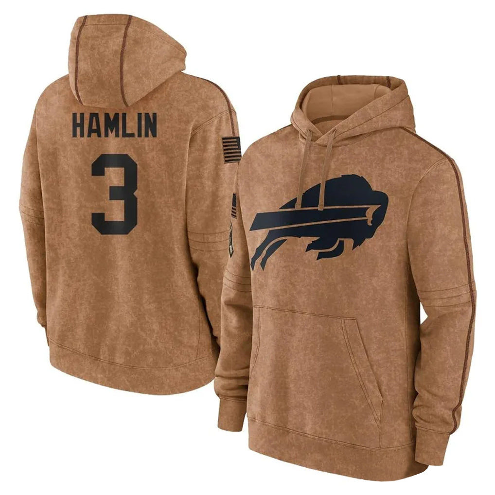 Yuxns B.Bills #3 Damar Hamlin Player Brown Salute to Service Hoodies Stitched Jerseys