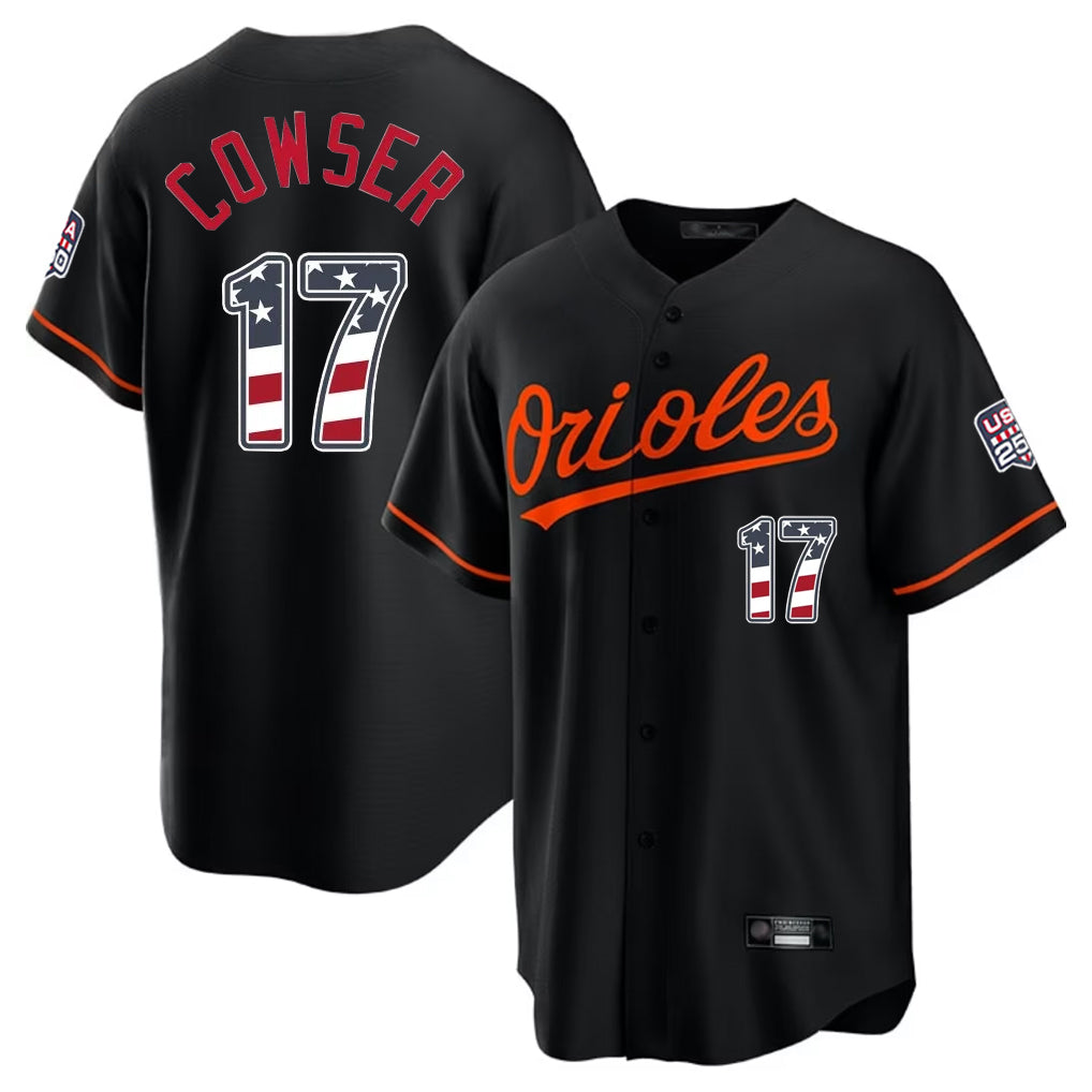 Yuxns B.Orioles #17 Colton Cowser Player Black USA 250 Fourth of July Home Game Stitched Jerseys