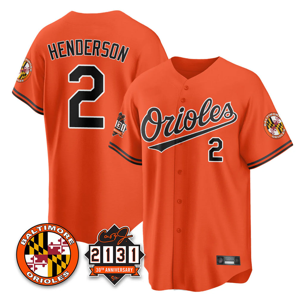 Yuxns B.Orioles #2 Gunnar Henderson Player Orange 30th Anniversary of 2131 Home Game Stitched Jerseys