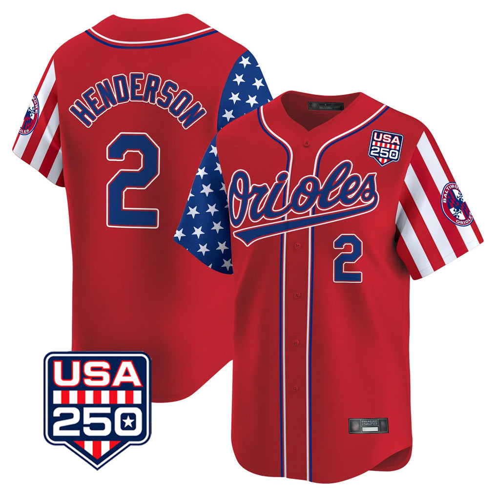Yuxns B.Orioles #2 Gunnar Henderson Player Red USA 250 Independence Day Vapor Premier Limited Home Game Stitched Jerseys