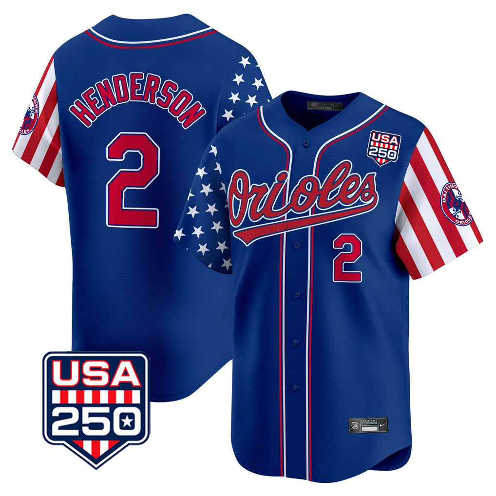 Yuxns B.Orioles #2 Gunnar Henderson Player Royal USA 250 Independence Day Vapor Premier Limited Home Game Stitched Jerseys