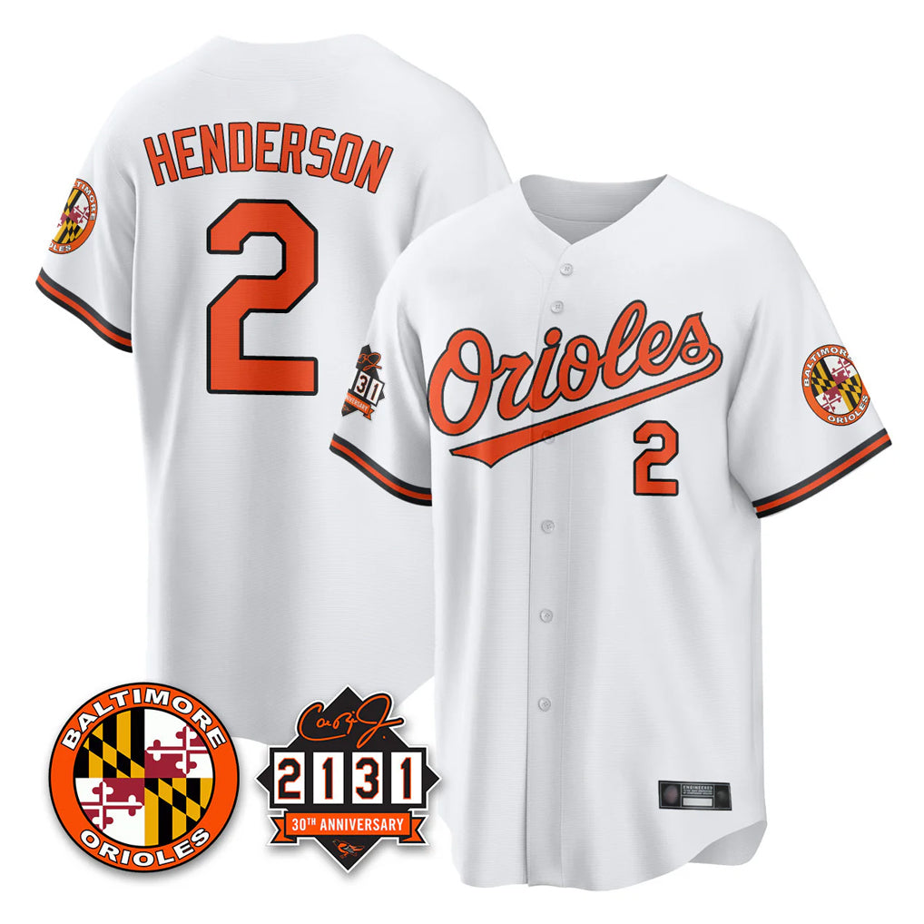 Yuxns B.Orioles #2 Gunnar Henderson Player White 30th Anniversary of 2131 Home Game Stitched Jerseys