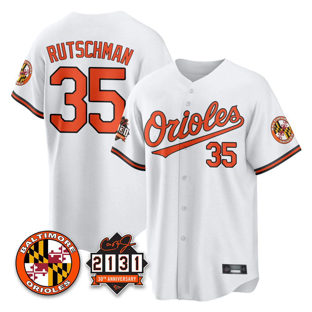 Yuxns B.Orioles #35 Adley Rutschman Player White 30th Anniversary of 2131 Home Game Stitched Jerseys