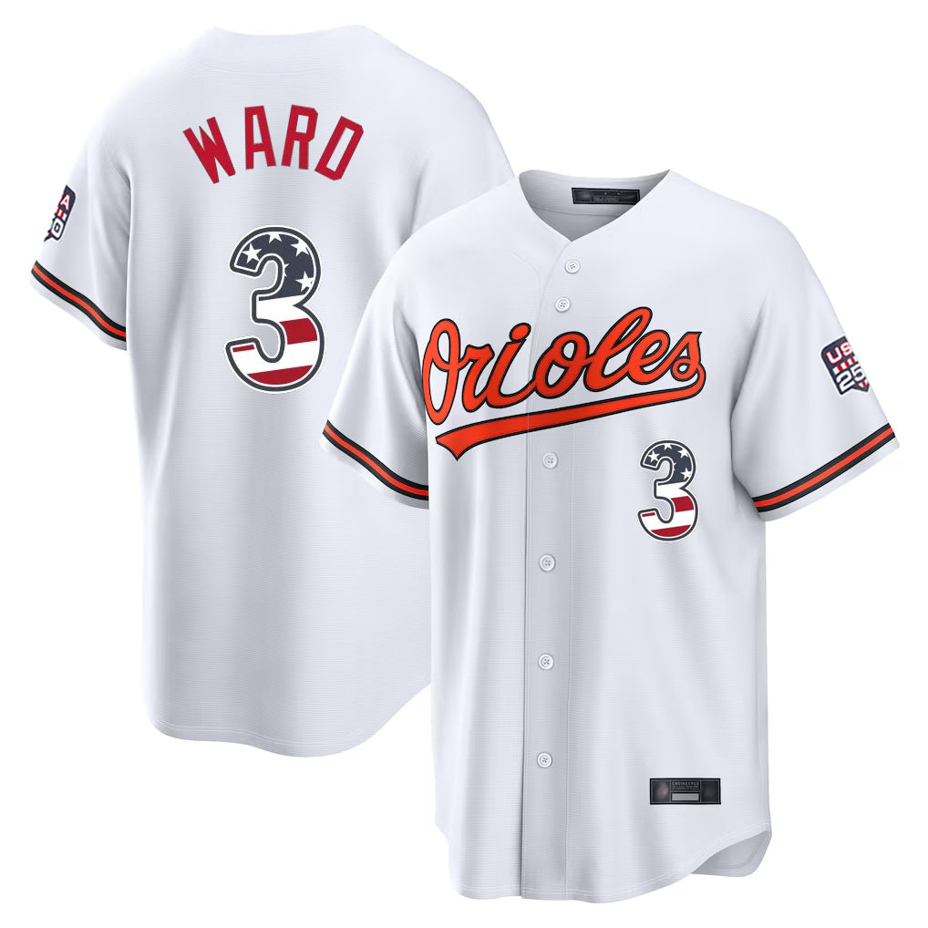 Yuxns B.Orioles #3 Taylor Ward Player White USA 250 Fourth of July Home Game Stitched Jerseys