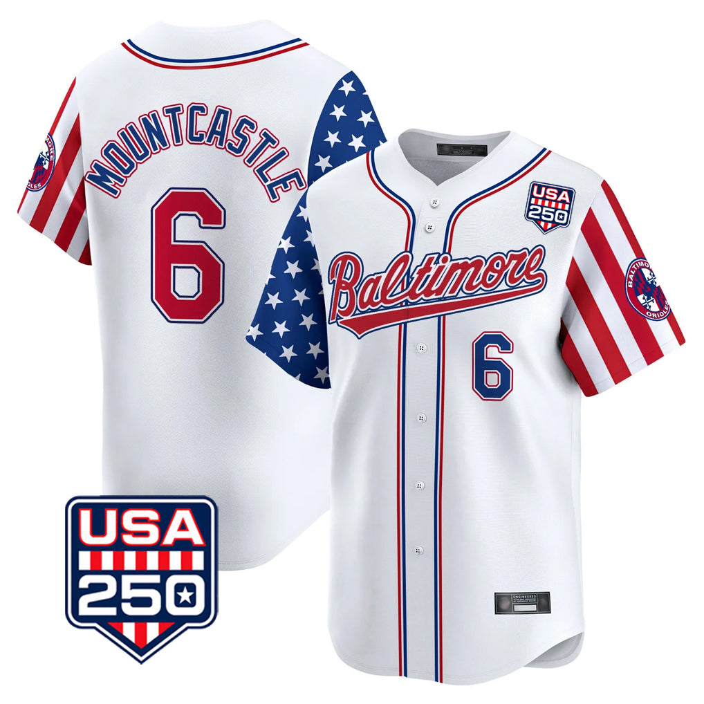 Yuxns B.Orioles #6 Ryan Mountcastle Player White USA 250 Independence Day Vapor Premier Limited Home Game Stitched Jerseys
