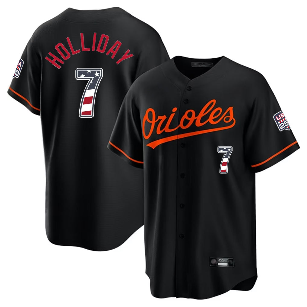 Yuxns B.Orioles #7 Jackson Holliday Player Black USA 250 Fourth of July Home Game Stitched Jerseys