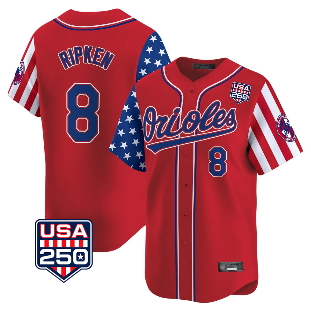 Yuxns B.Orioles #8 Cal Ripken Player Red USA 250 Independence Day Vapor Premier Limited Home Game Stitched Jerseys