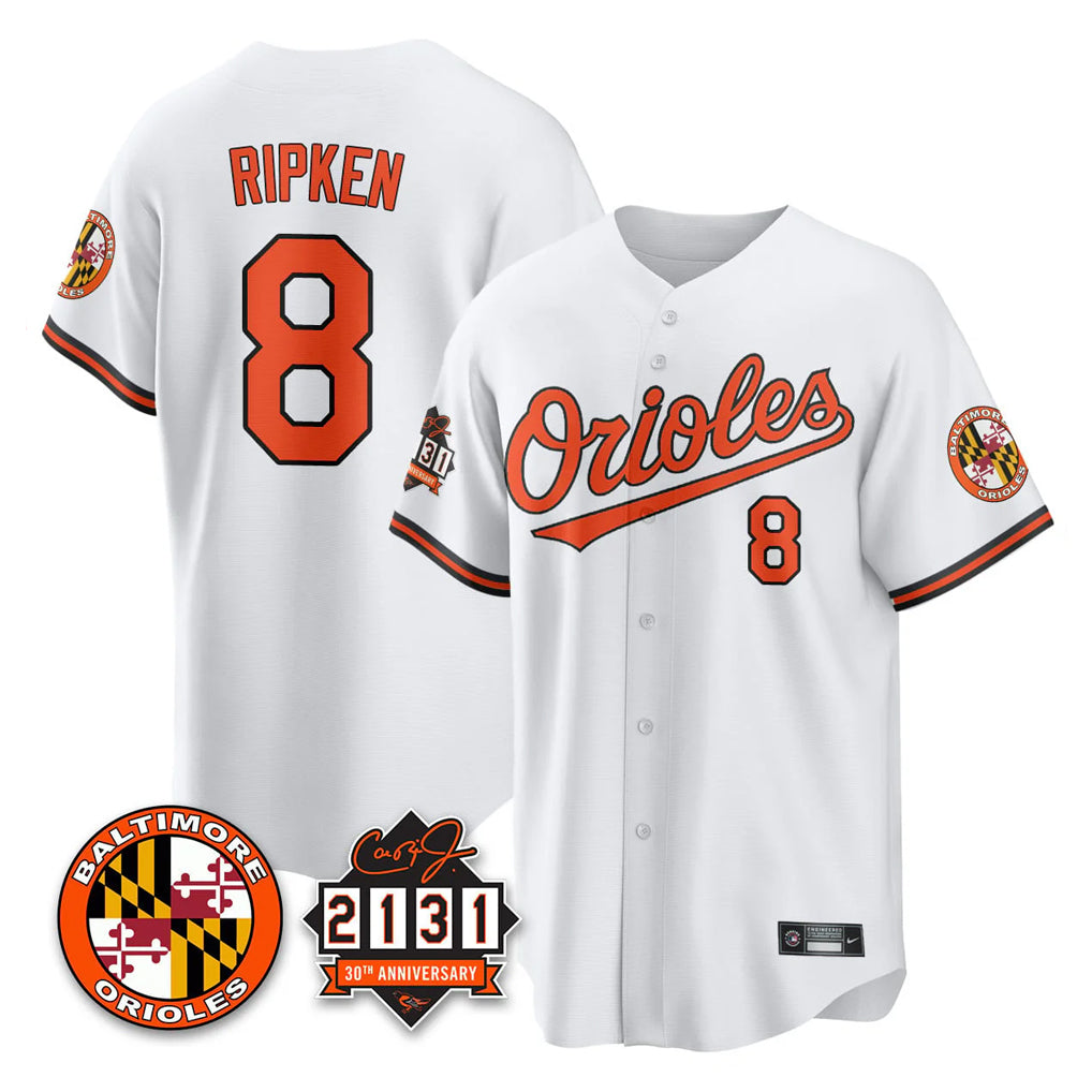 Yuxns B.Orioles #8 Cal Ripken Player White 30th Anniversary of 2131 Home Game Stitched Jerseys