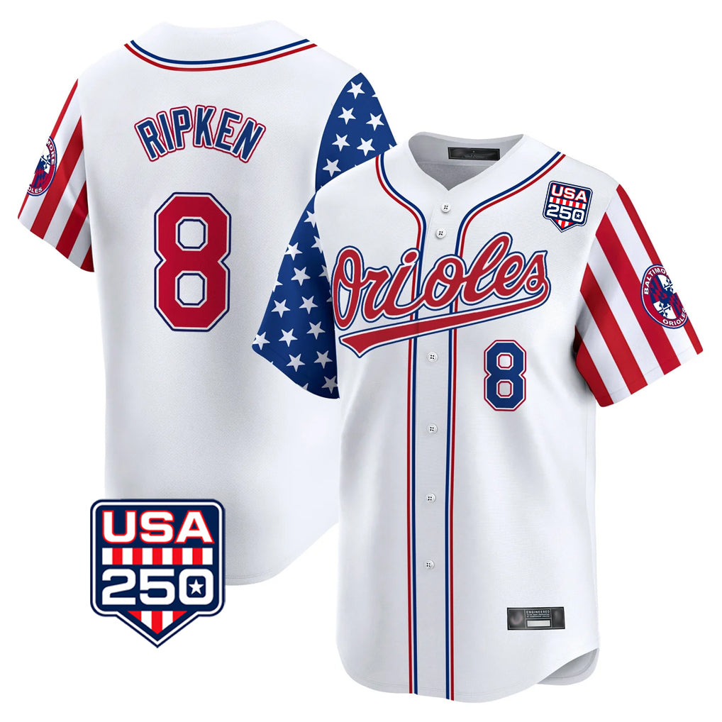 Yuxns B.Orioles #8 Cal Ripken Player White USA 250 Independence Day Vapor Premier Home Game Stitched Jerseys
