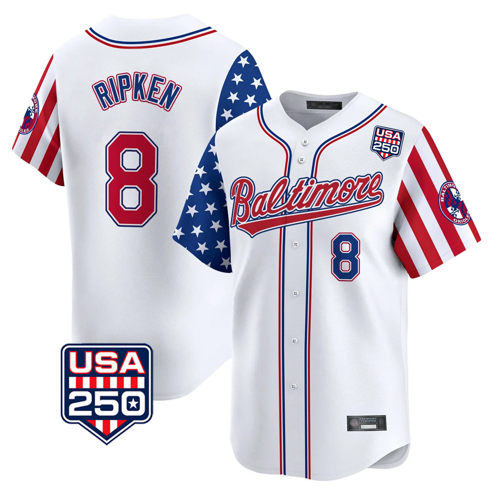 Yuxns B.Orioles #8 Cal Ripken Player White USA 250 Independence Day Vapor Premier Limited Home Game Stitched Jerseys