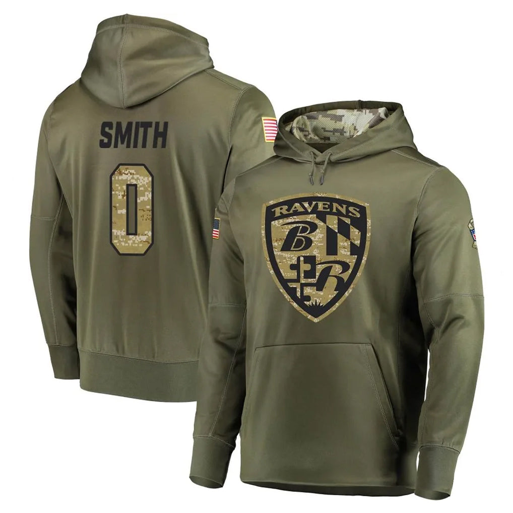 Yuxns B.Ravens #0 Roquan Smith Player Olive Salute to Service Pullover Hoodie Stitched Jerseys