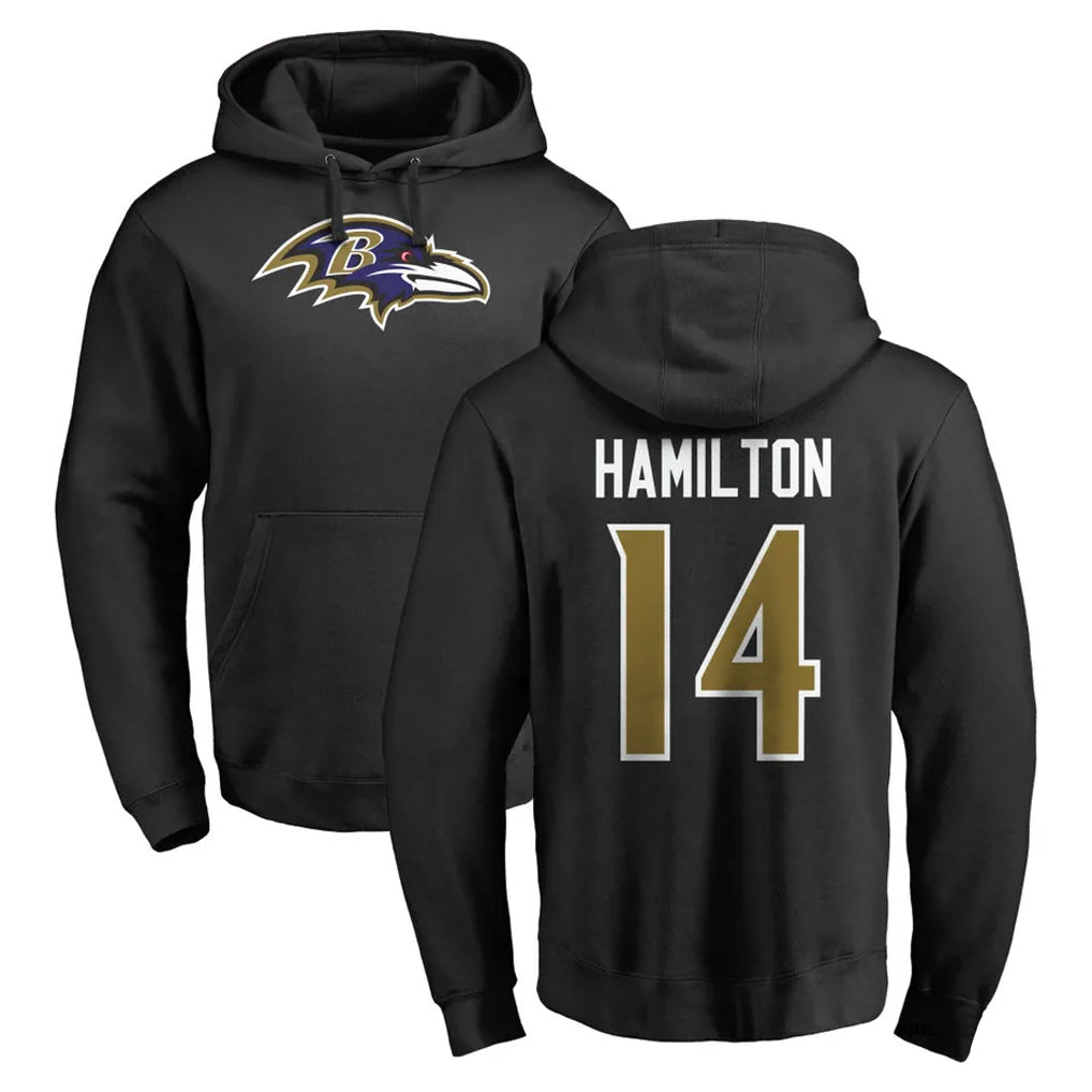 Yuxns B.Ravens #14 Kyle Hamilton Player Black Pullover Hoodie Stitched Jerseys