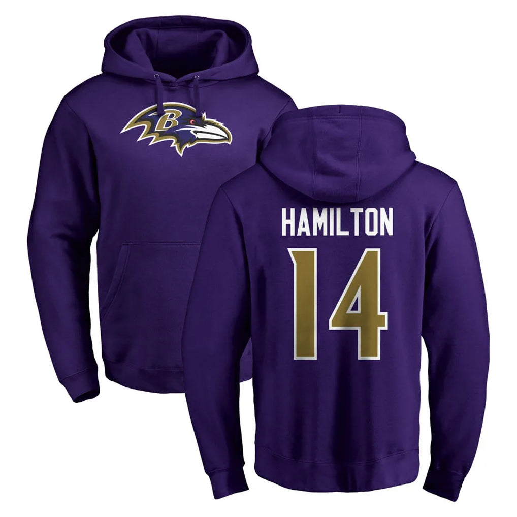 Yuxns B.Ravens #14 Kyle Hamilton Player Purple Salute to Service Pullover Hoodie Stitched Jerseys