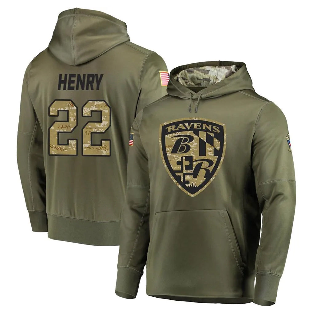 Yuxns B.Ravens #22 Derrick Henry Player Olive Salute to Service Pullover Hoodie Stitched Jerseys