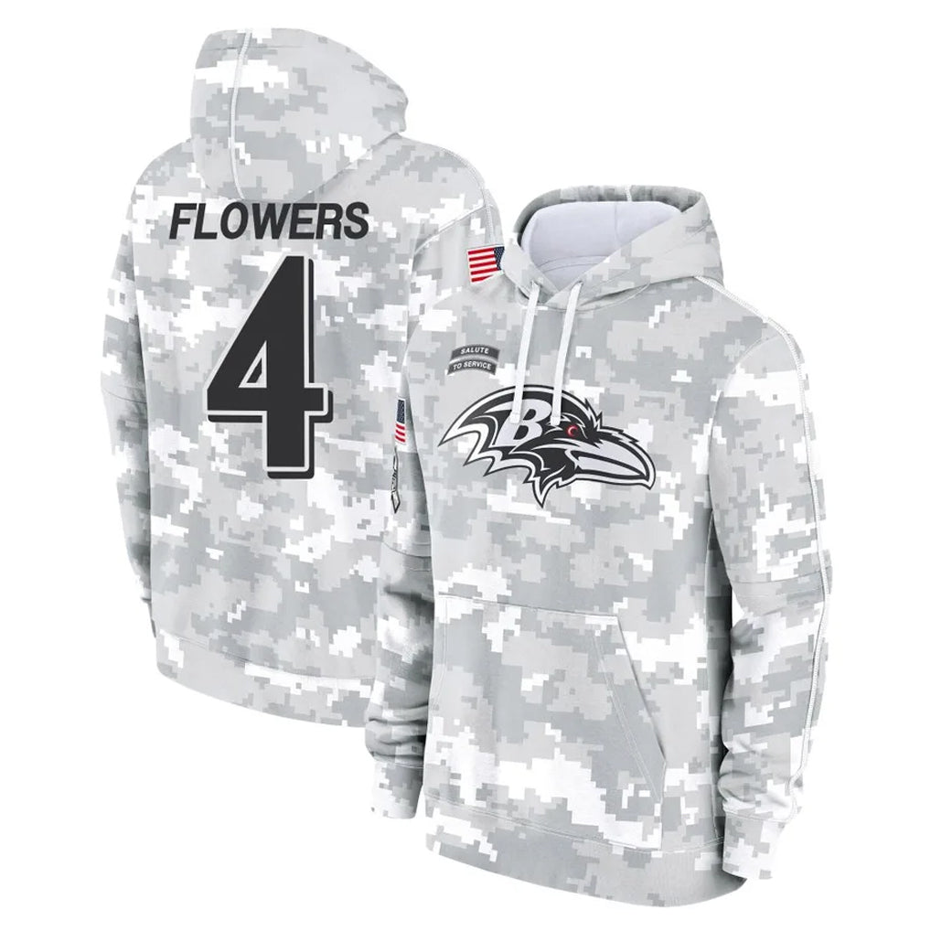 Yuxns B.Ravens #4 Zay Flowers Player Arctic Camo Salute to Service Pullover Hoodie Stitched Jerseys