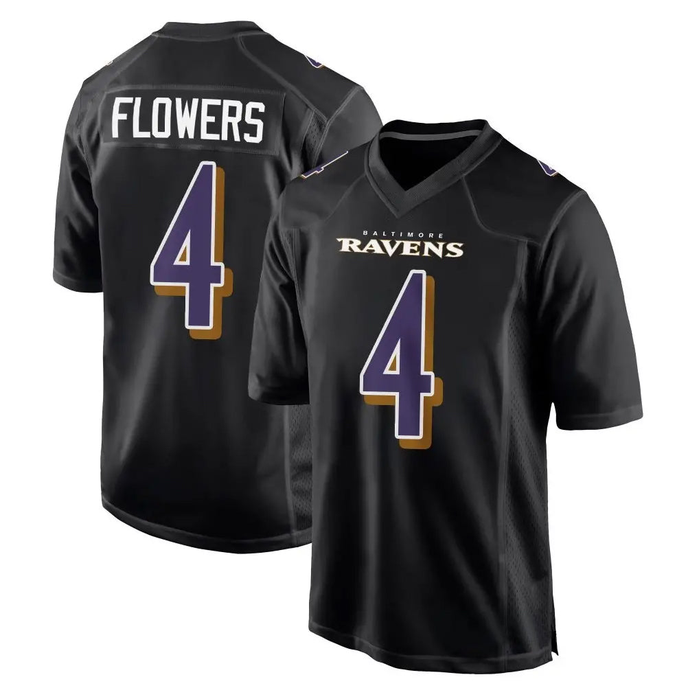 Yuxns B.Ravens #4 Zay Flowers Player Black Carbon Fashion Home Game Stitched Jerseys