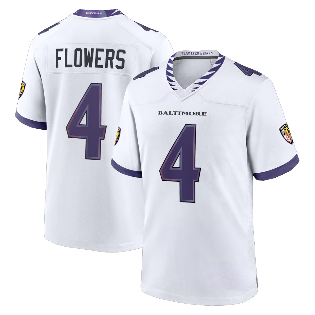 Yuxns B.Ravens #4 Zay Flowers Player White Home Game Stitched Jerseys