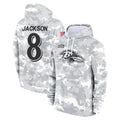 Yuxns B.Ravens #8 Lamar Jackson Player Arctic Camo Salute to Service Pullover Hoodie Stitched Jerseys