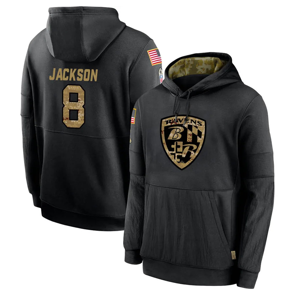Yuxns B.Ravens #8 Lamar Jackson Player Black Salute to Service Pullover Hoodie Stitched Jerseys