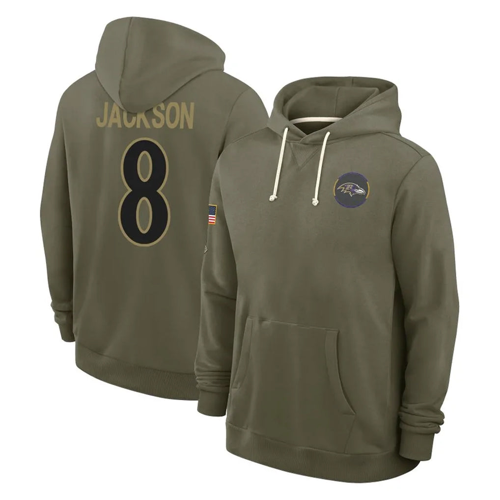 Yuxns B.Ravens #8 Lamar Jackson Player Olive Salute to Service Hoodie Stitched Jerseys