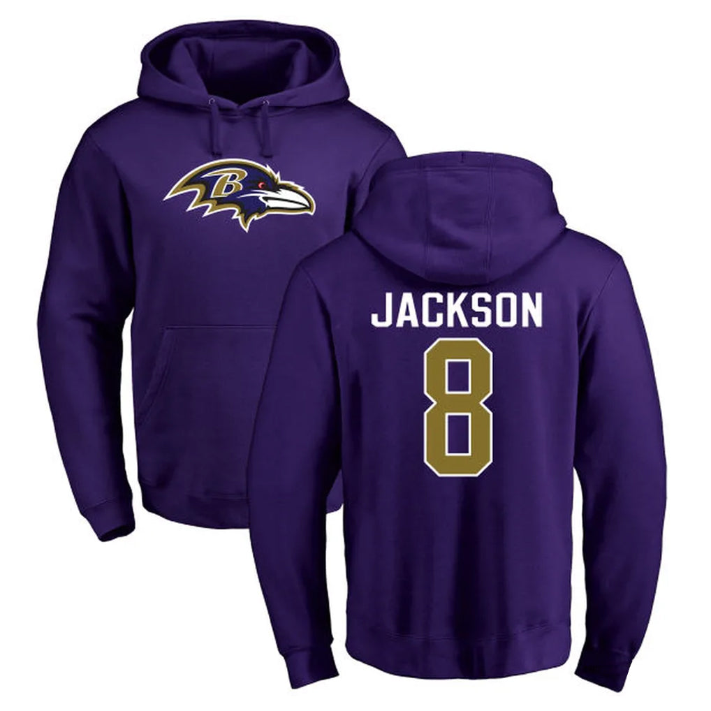 Yuxns B.Ravens #8 Lamar Jackson Player Purple Salute to Service Pullover Hoodie Stitched Jerseys