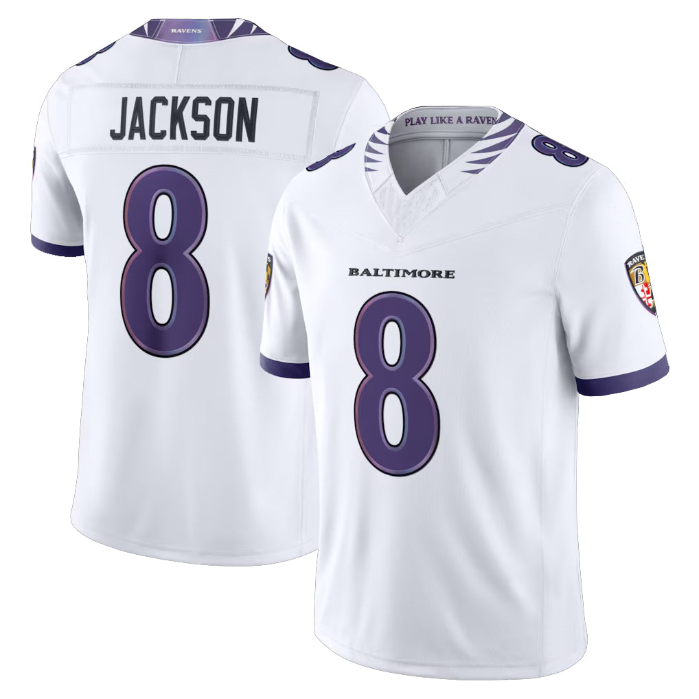 Yuxns B.Ravens #8 Lamar Jackson Player White Limited Elite Home Game Stitched Jerseys