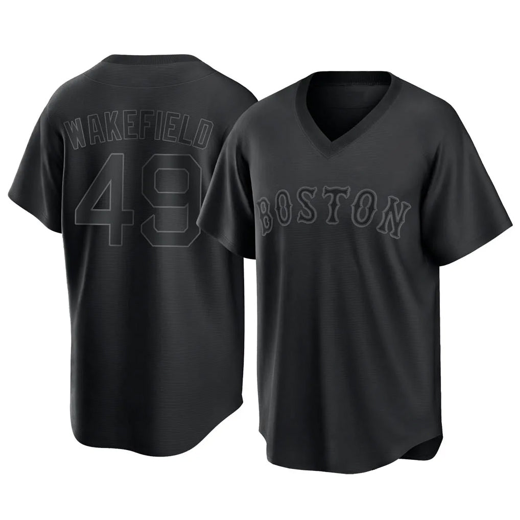 Pkot B.Red Sox #49 Tim Wakefield Player Black T-shirt Home Game Stitched Jerseys