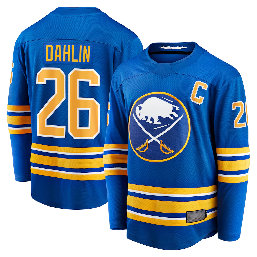 Yuxns B.Sabres #26 Rasmus Dahlin Royal Home Captain Patch Breakaway Stitched Jerseys