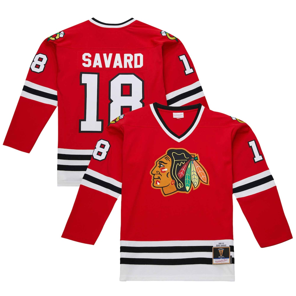 Yuxns C.Blackhawks #18 Denis Savard Scarlet 1980-81 Power Play Jerseys