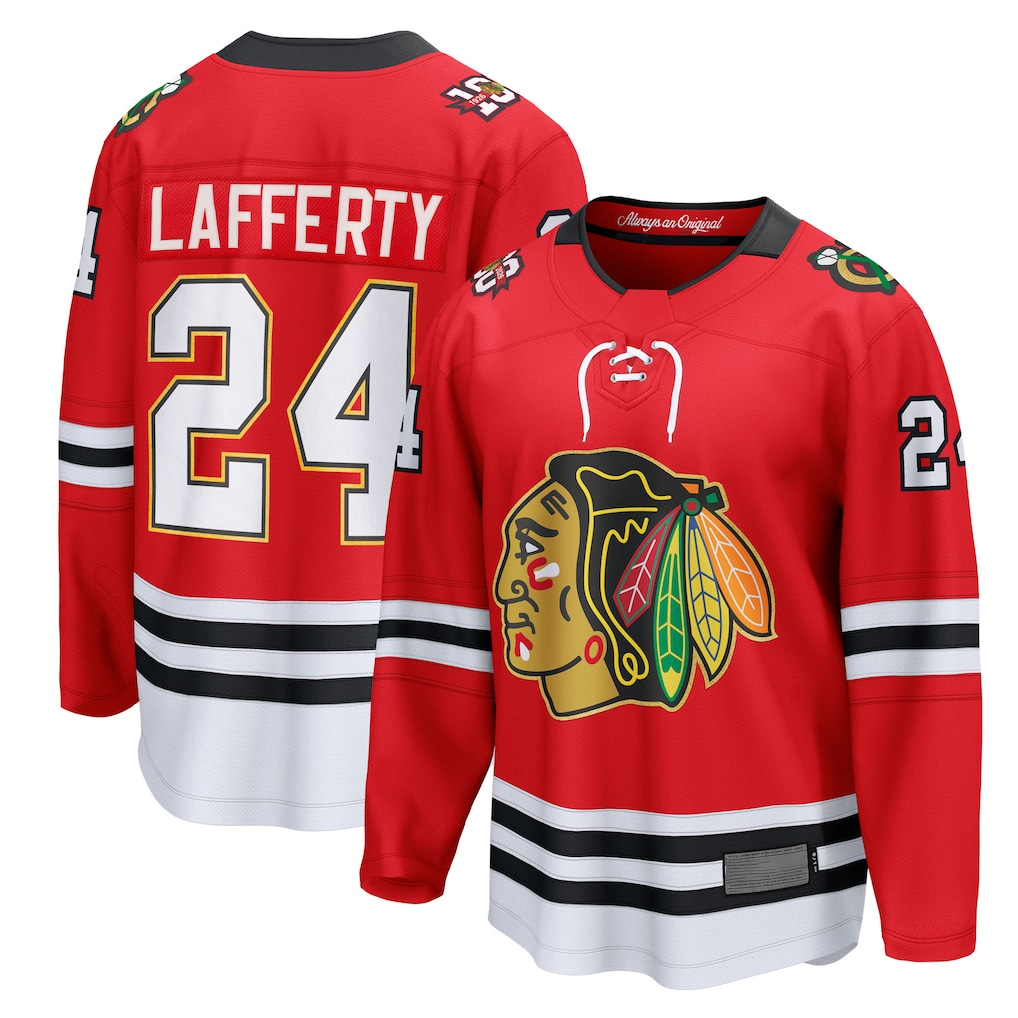 Yuxns C.Blackhawks #24 Sam Lafferty Red Centennial Breakaway Player Jerseys