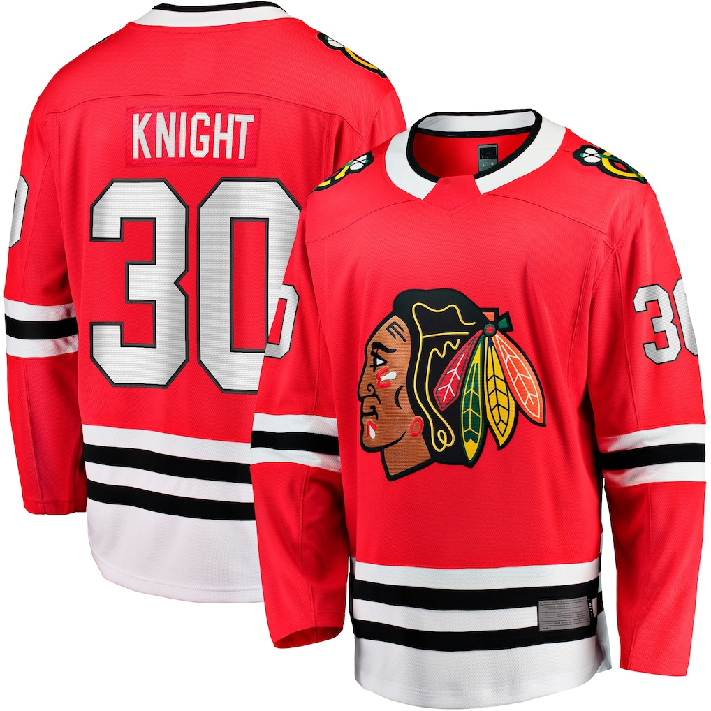 Yuxns C.Blackhawks #30 Spencer Knight Red Home Breakaway Jerseys
