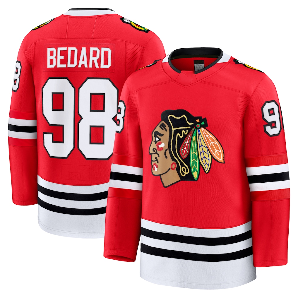 Yuxns C.Blackhawks #98 Connor Bedard Red Home Premium Jerseys