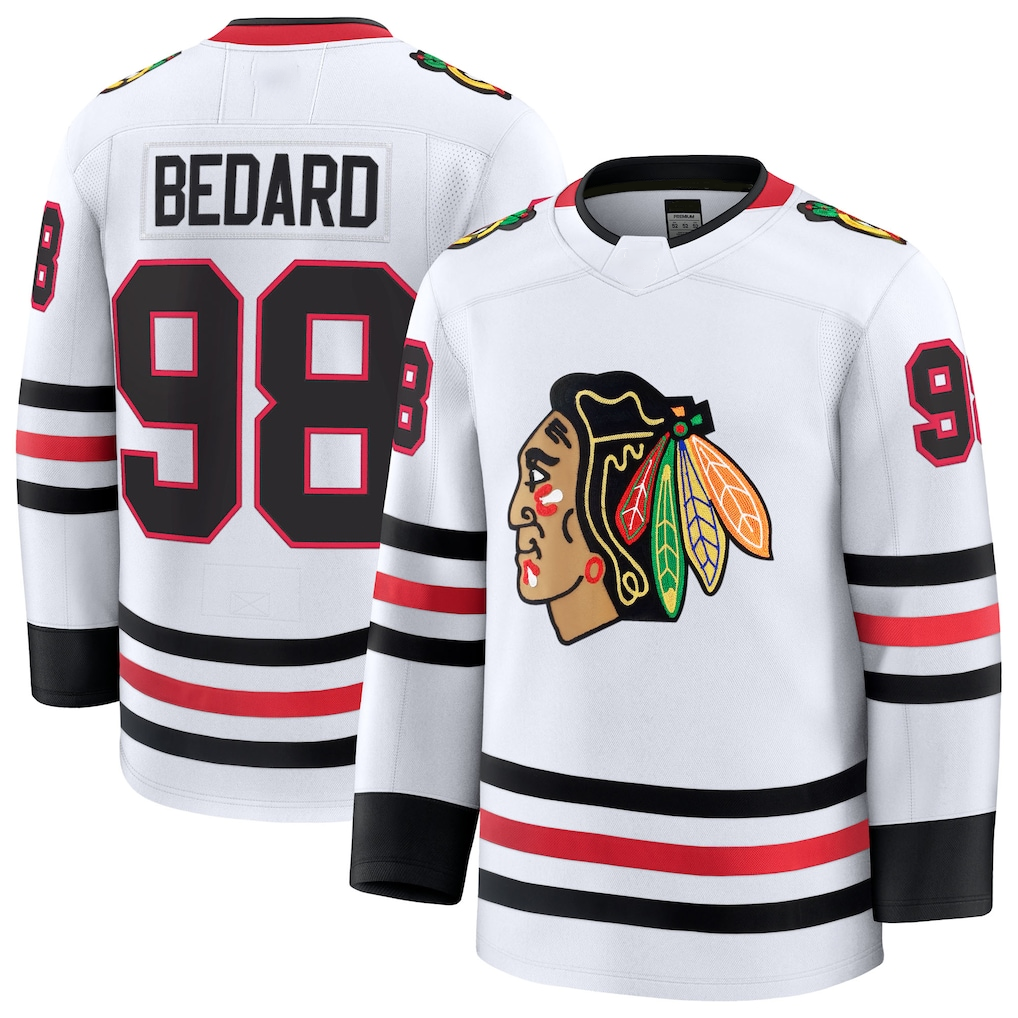Yuxns C.Blackhawks #98 Connor Bedard White Away Premium Jerseys