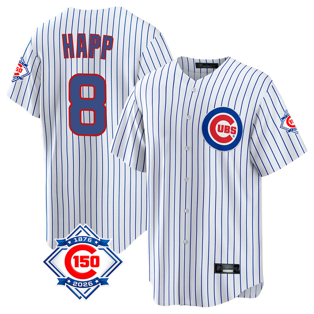 Yuxns C.Cubs #8 Ian Happ Player White 150th Anniversary Home Game Stitched Jerseys