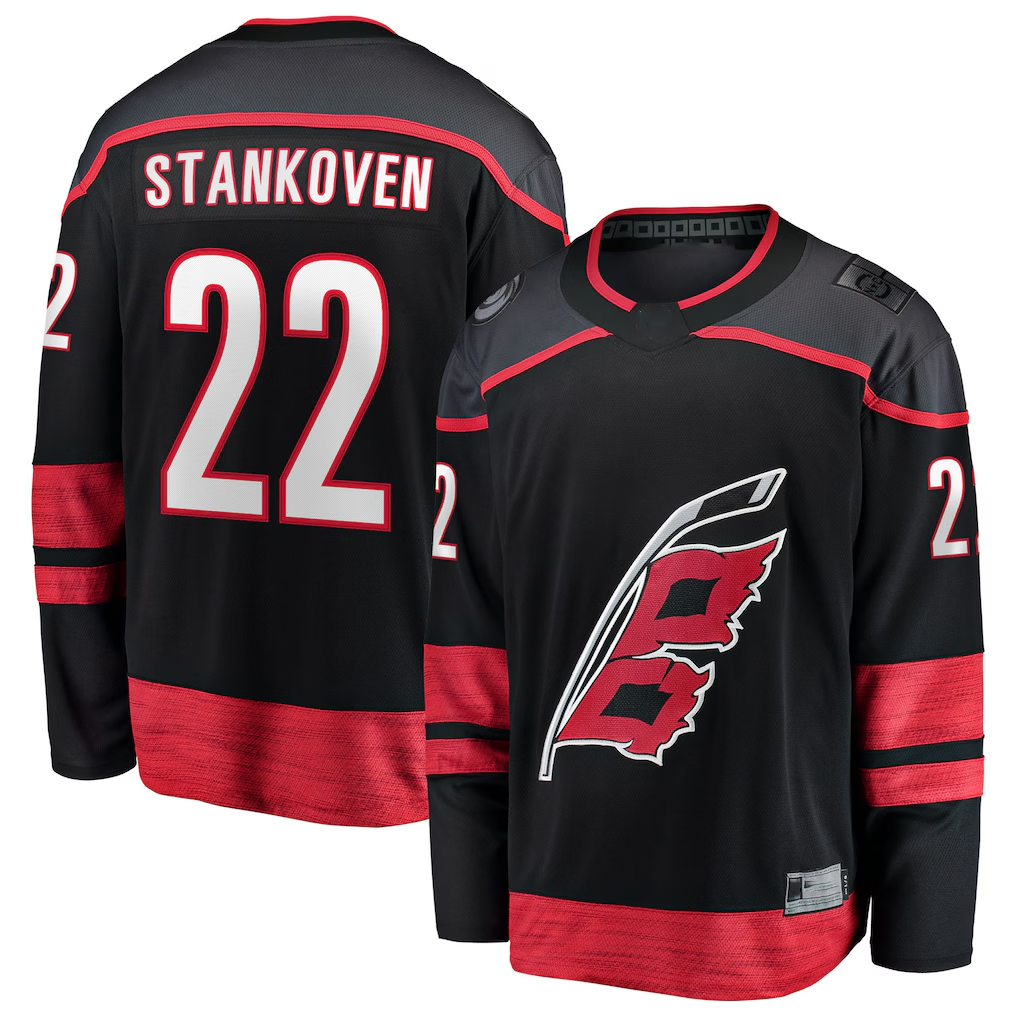 Yuxns C.Hurricanes #22 Logan Stankoven Black Home Breakaway Stitched Jerseys