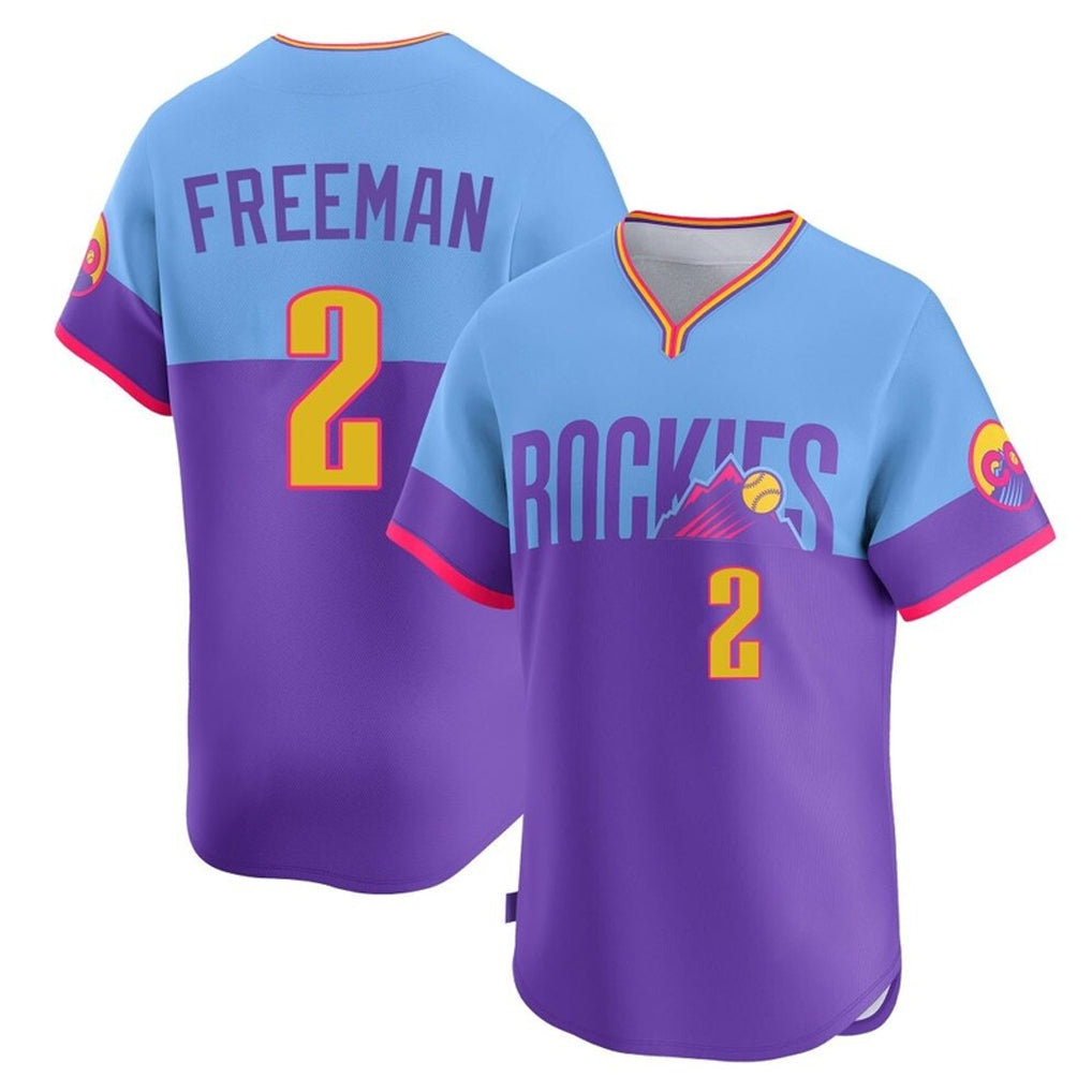 Yuxns C.Rockies #2 Tyler Freeman Player Purple-Light Blue City Connect Limited Home T-shirt Stitched Jerseys