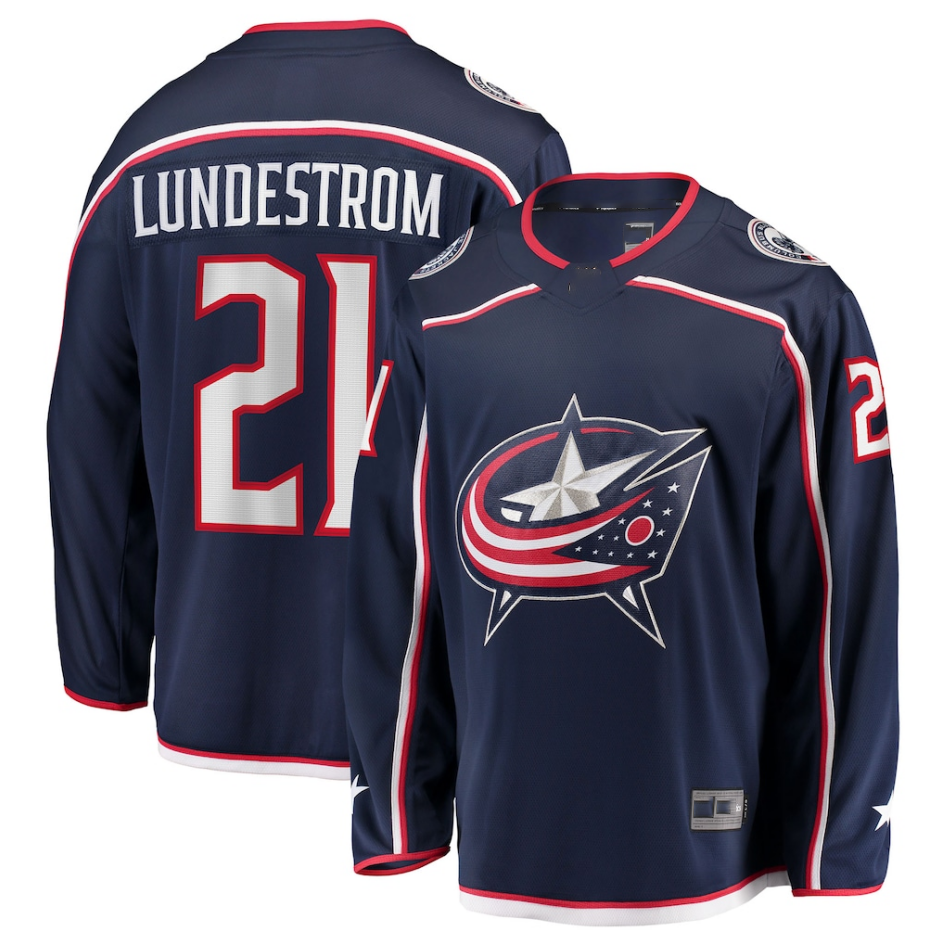 Yuxns CB.Jackets #21 Isac Lundestrom Navy Home Breakaway Jersey