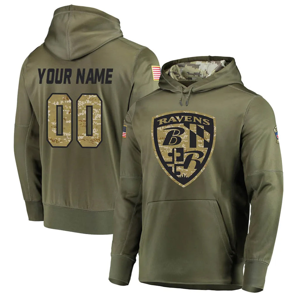 Yuxns Custom B.Ravens Olive Salute to Service Pullover Hoodie Any Name & Numbers Stitched Jerseys