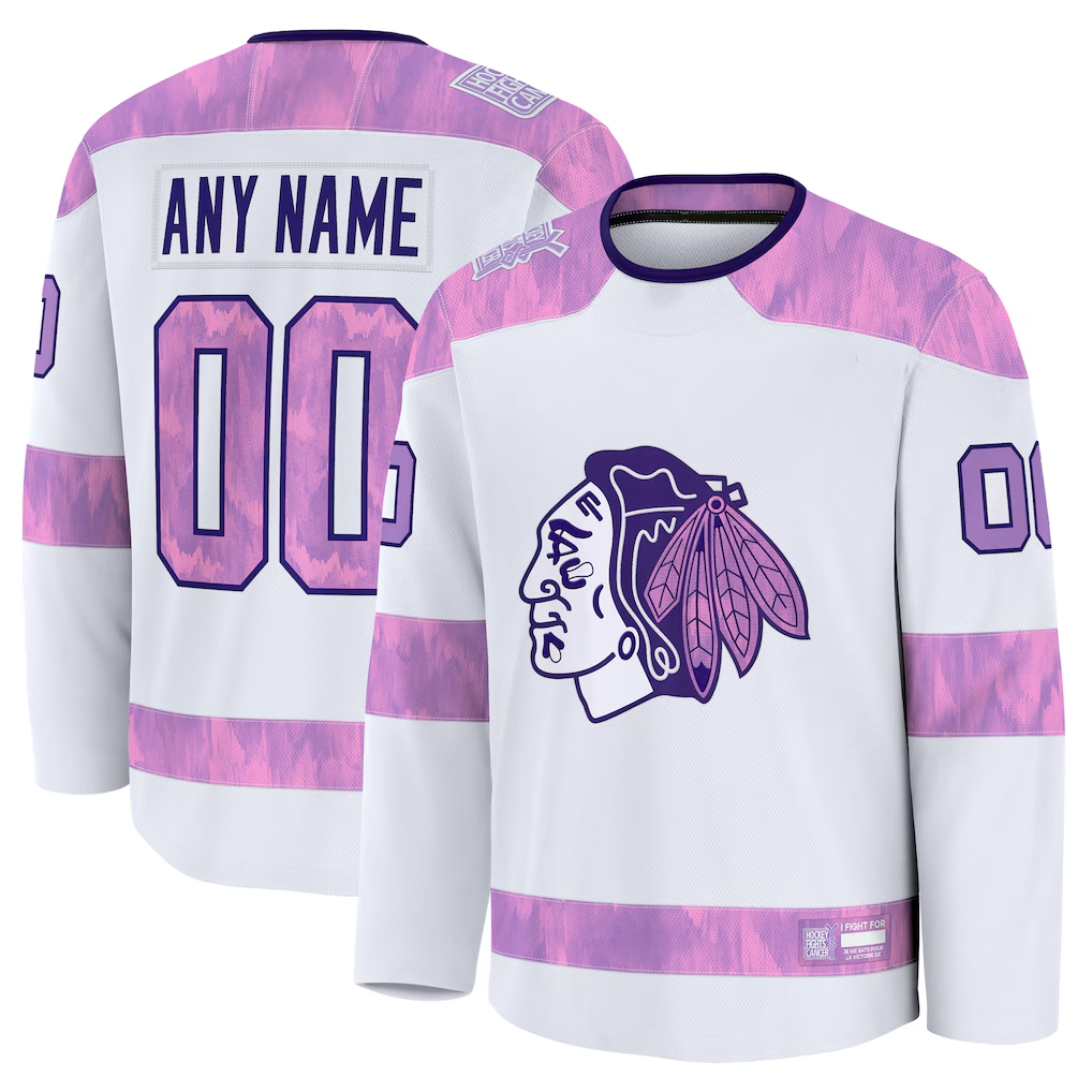 Yuxns Custom C.Blackhawks White 2024 Hockey Fights Cancer Practice Jerseys