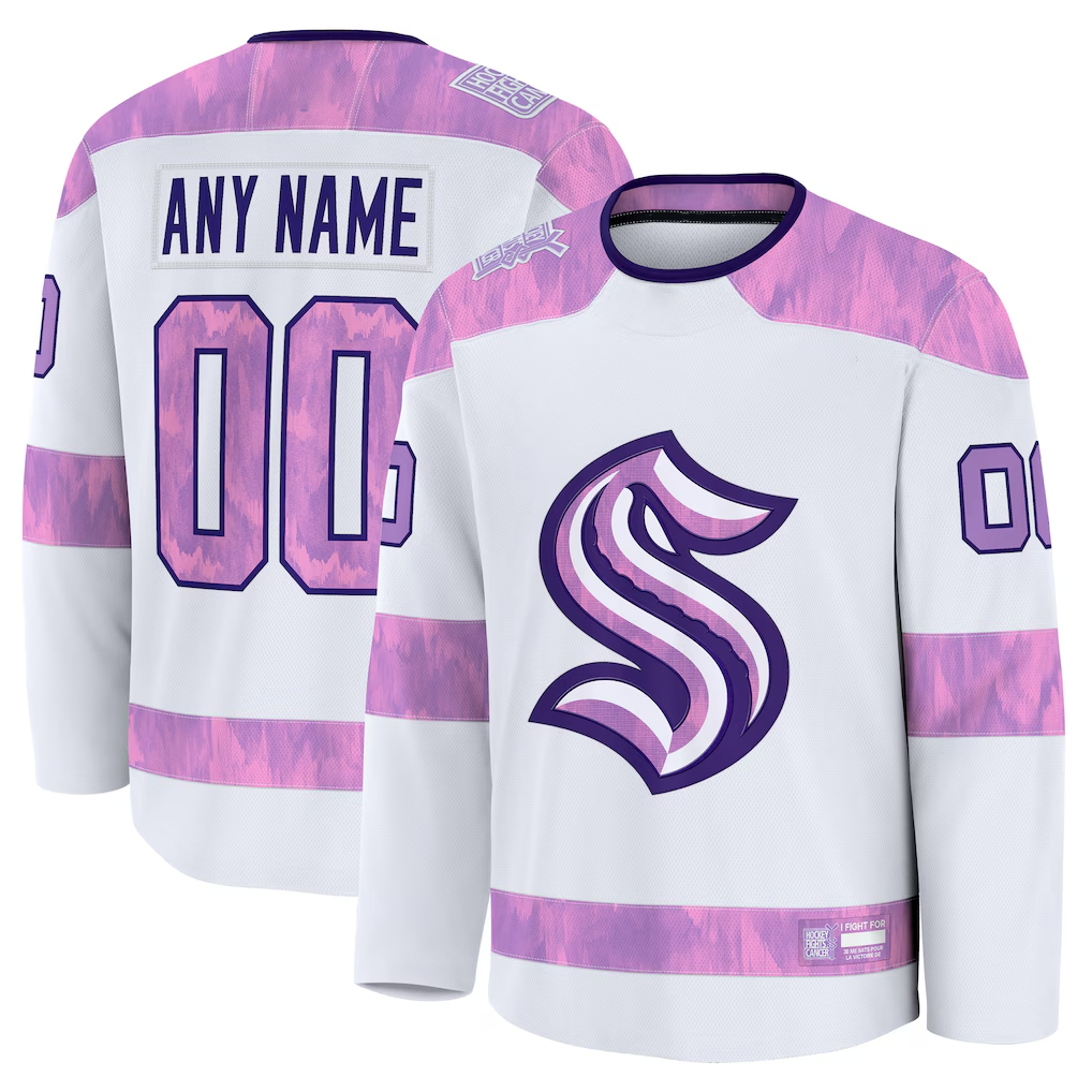 Yuxns Custom S.Kraken White 2024 Hockey Fights Cancer Practice Jerseys
