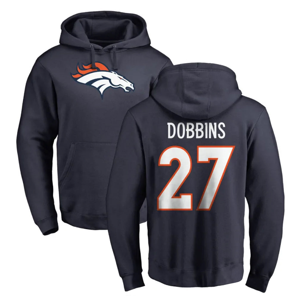 Yuxns D.Broncos #27 J.K. Dobbins Player Navy Pullover Hoodie Limited Stitched Jerseys