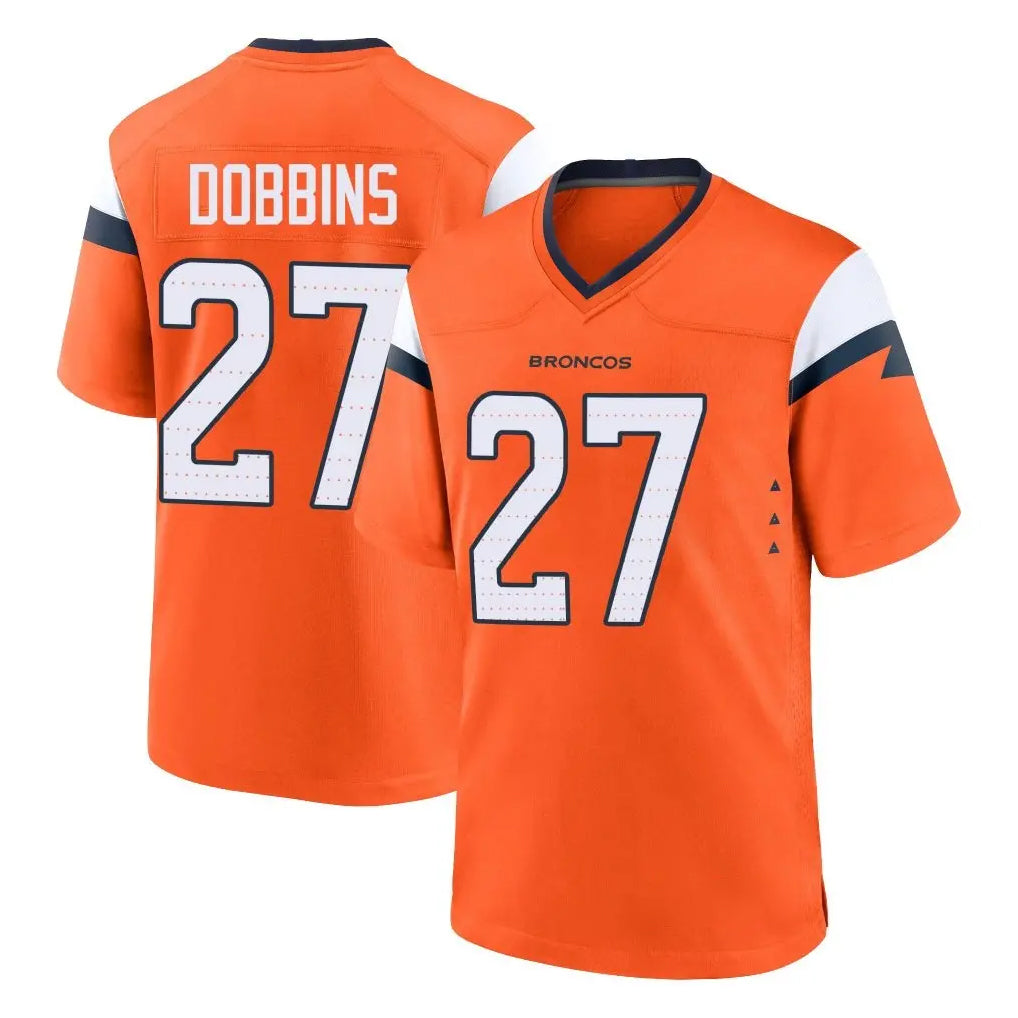 Yuxns D.Broncos #27 J.K. Dobbins Player Orange Home Game Stitched Jerseys