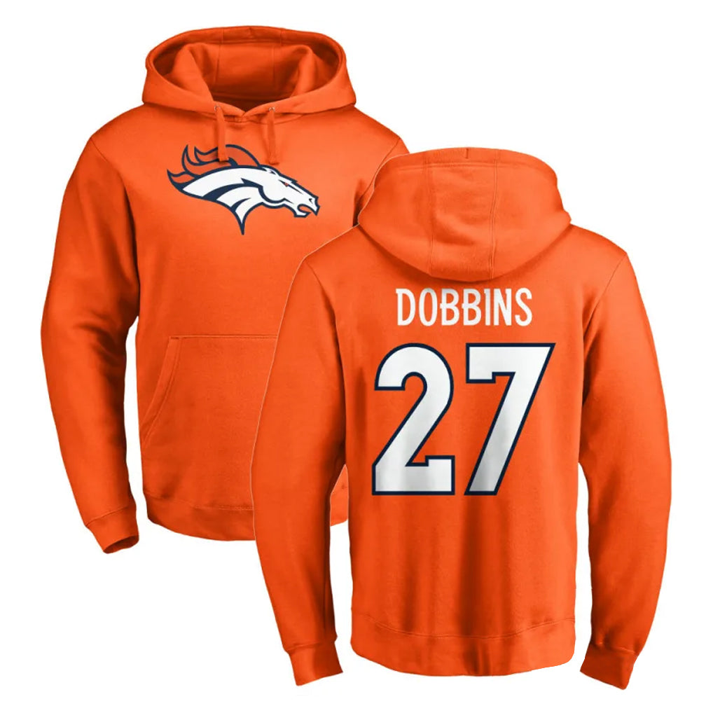Yuxns D.Broncos #27 J.K. Dobbins Player Orange Pullover Hoodie Limited Stitched Jerseys