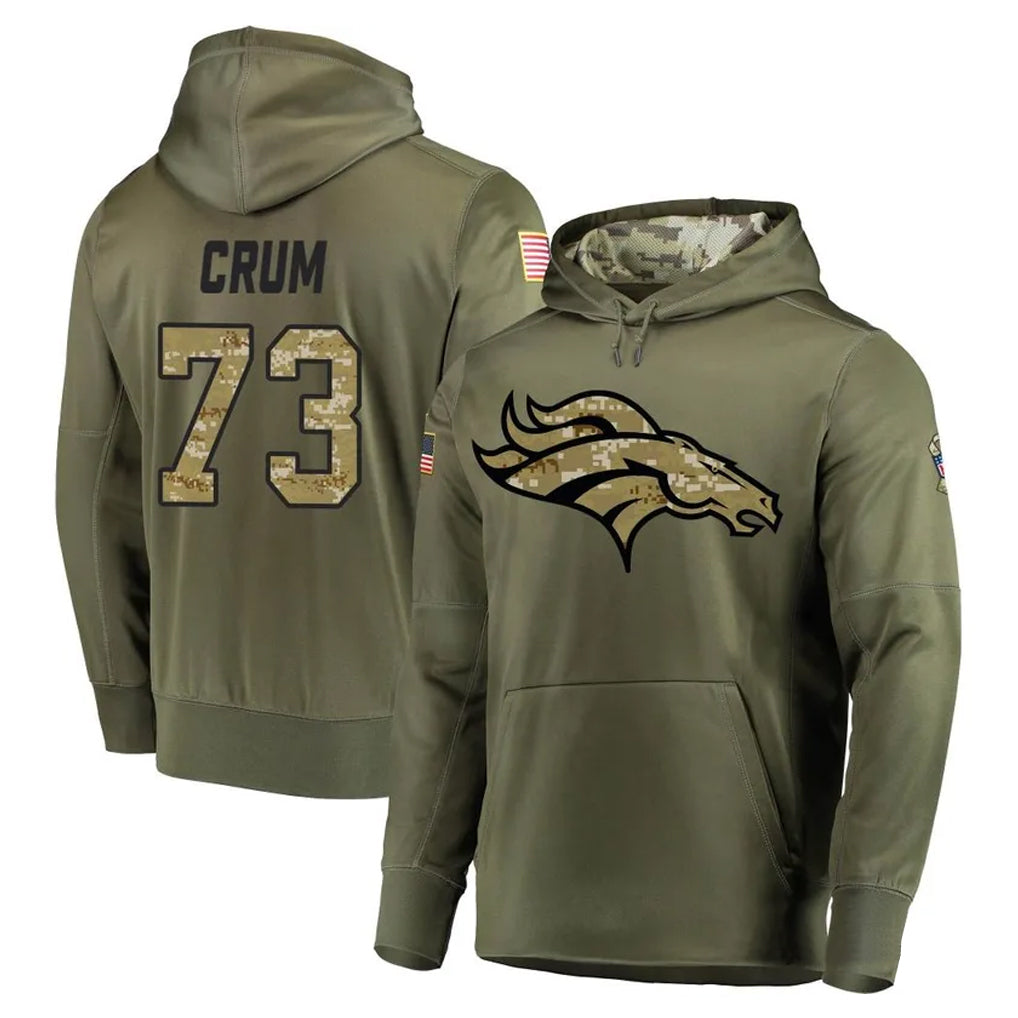 Yuxns D.Broncos #73 Frank Crum Player Olive Salute to Service Pullover Hoodies Home Game Stitched Jerseys